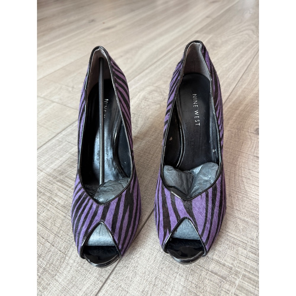 Nine West Y2K Purple Zebra Pony Hair Peep Toe Platform Heels 7M